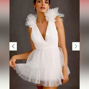 ML Monique Lhuillier Perrie Tiered Shoulder-Ruffle V-Neck Mini Dress White (NWT)
